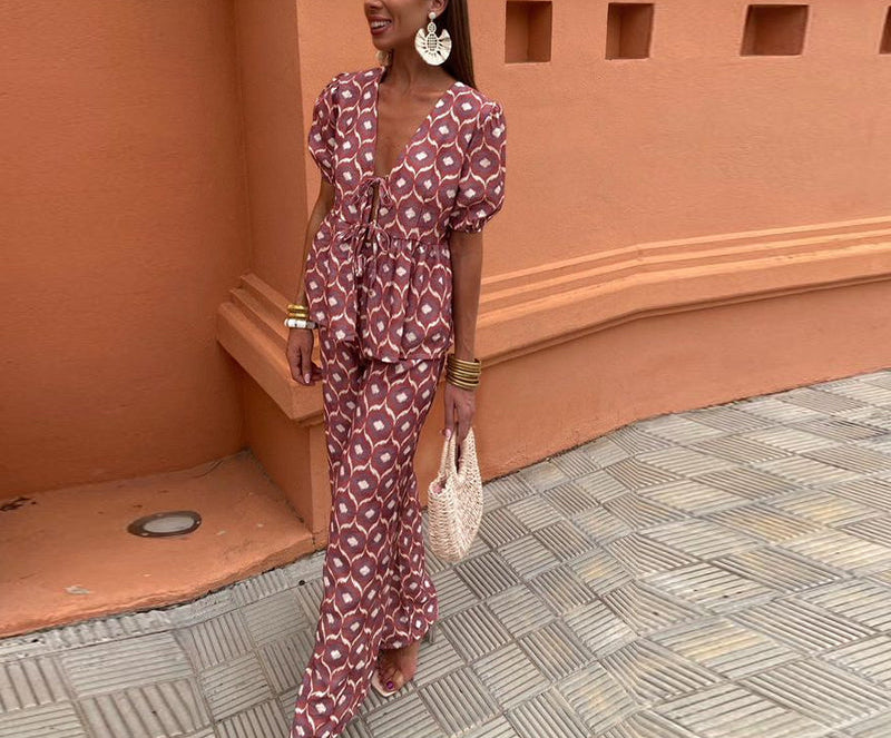 Boho Linen Puff Sleeve Top and Wide-Leg Trousers Set for Women