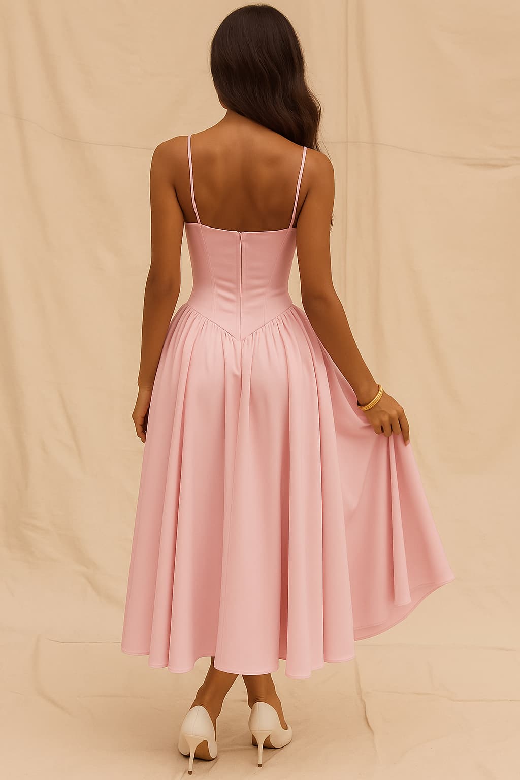 Full-length view of an elegant pink corset bodice dress for women, midi length, with spaghetti straps and a defined bustier, on a white background.