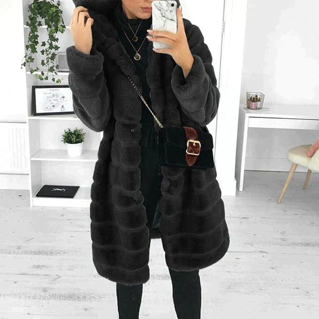 Women's Winter Longline Coat - Hooded Design with Fuzzy Texture