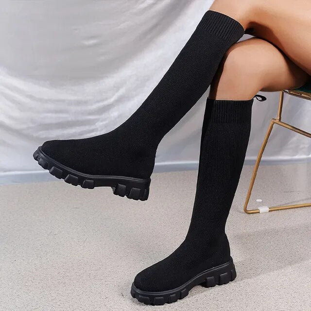 Women's Knee-High Boots - Sock Fit Pull-On with Chunky Lug Sole