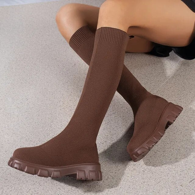 Women's Knee-High Boots - Sock Fit Pull-On with Chunky Lug Sole