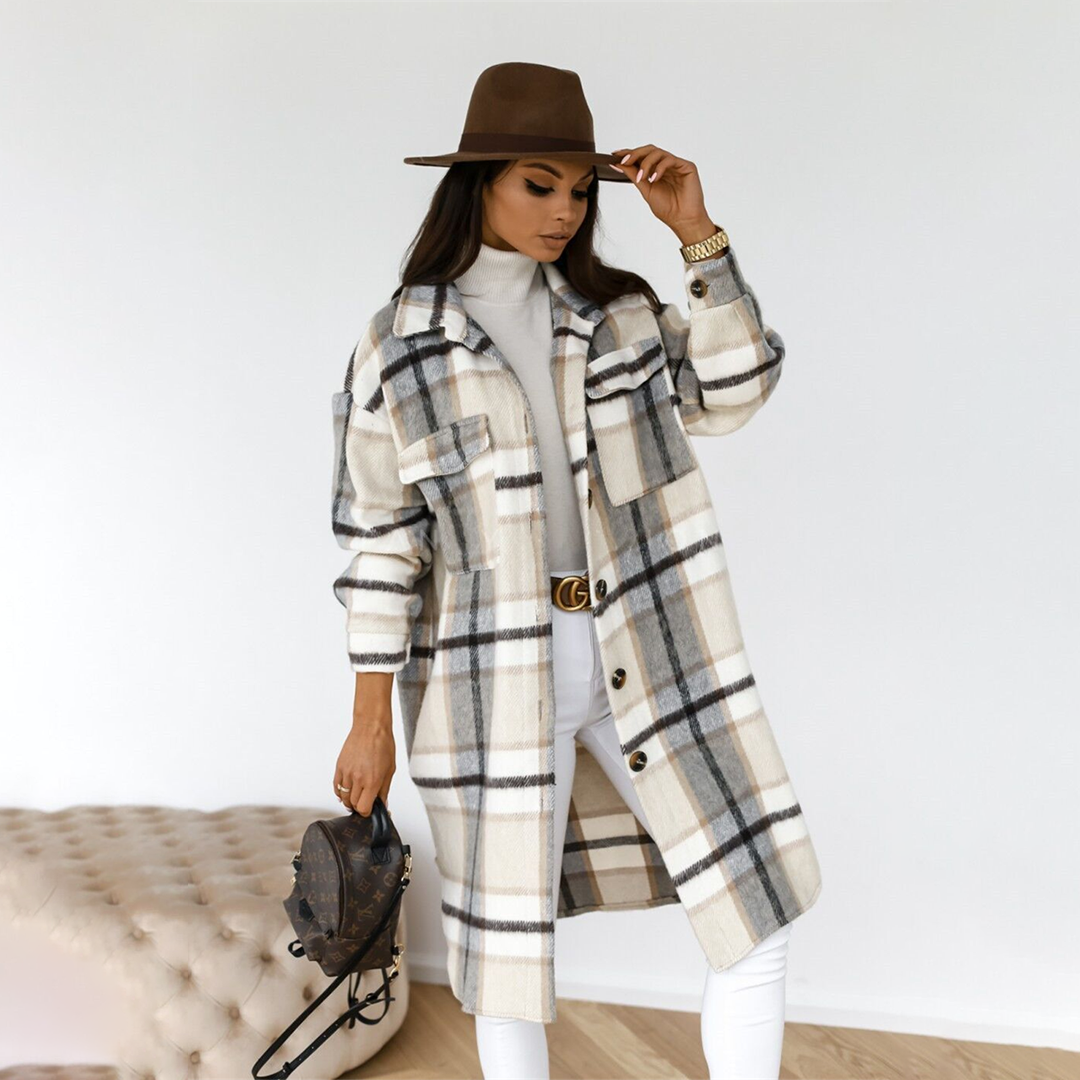 Women’s Coat – Checked Plaid with Button Front