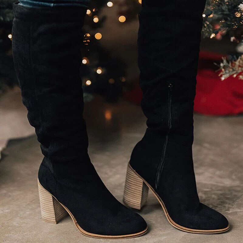 Women's Knee-High Slouch Boots - Chic Suede Block Heel