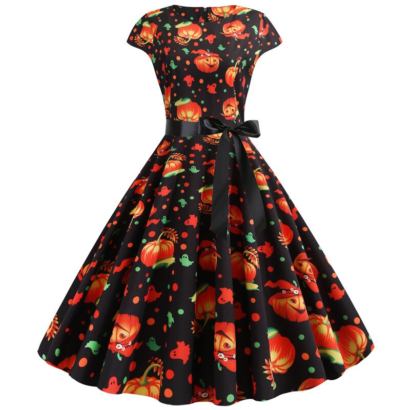 Women's Vintage Halloween Costume Dress - Pumpkin & Ghost Print A-Line Midi