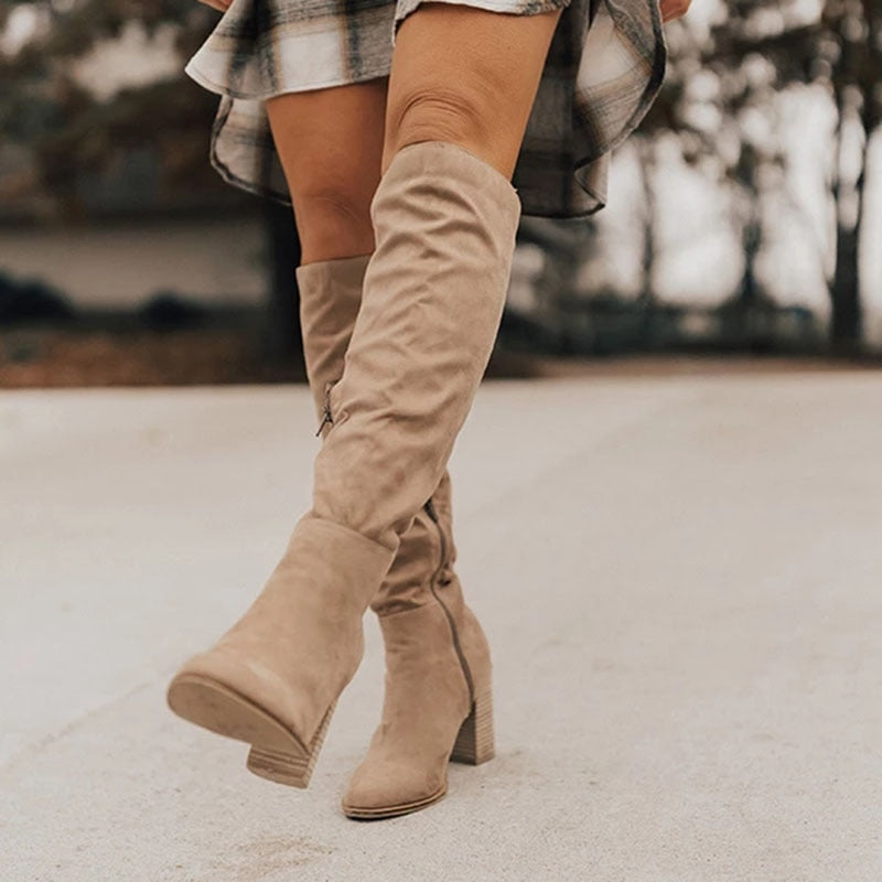 Women's Knee-High Slouch Boots - Chic Suede Block Heel