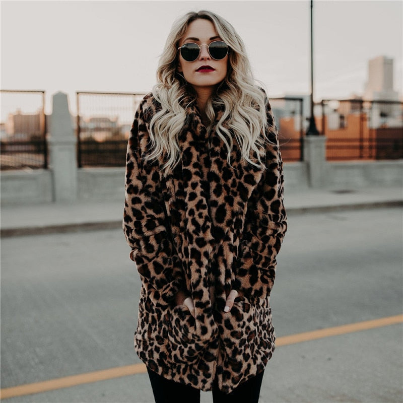 Women's Leopard Print Winter Coat - Plush & Cosy