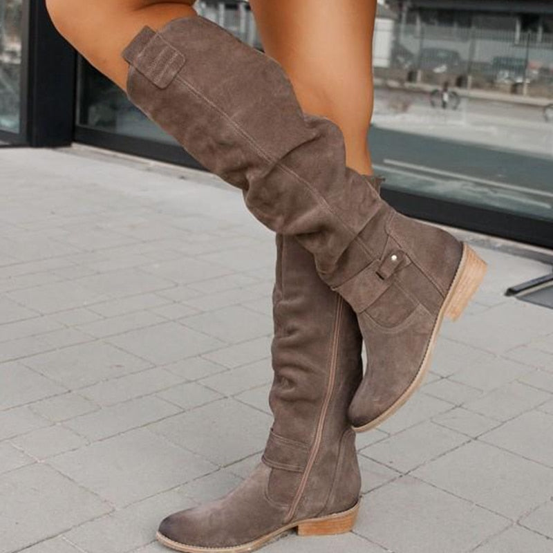 Women's Knee-High Boots - Slouch Shaft with Side Zip and Strap Detail