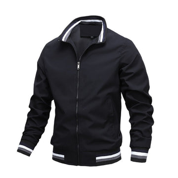 Men's Bomber Jacket - Full Zip with Striped Ribbed Collar & Cuffs
