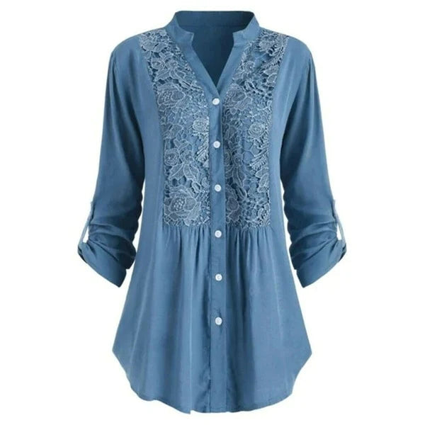 Elegant Longline Lace Button-Down Blouse for Women