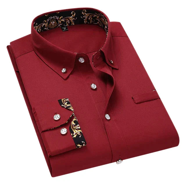 Men's Button-Up Shirt - Contrast Pattern Collar and Cuffs