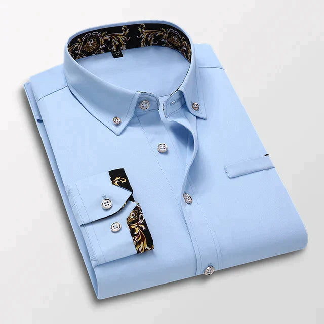 Men's Button-Up Shirt - Contrast Pattern Collar and Cuffs