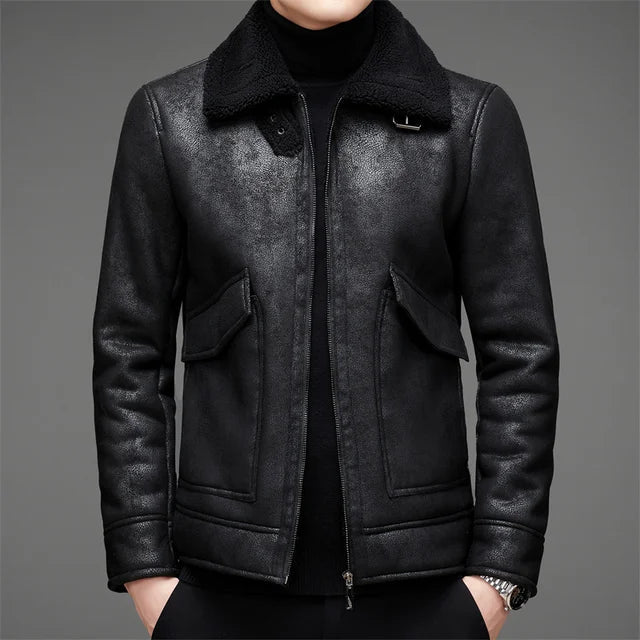 Rowan - Warm Vegan Leather Jacket with Fleece Fur for Men