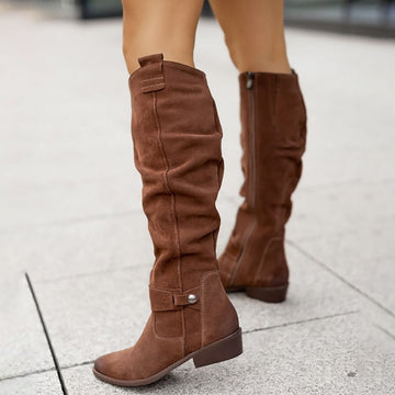 Women's Knee-High Boots - Slouch Shaft with Side Zip and Strap Detail