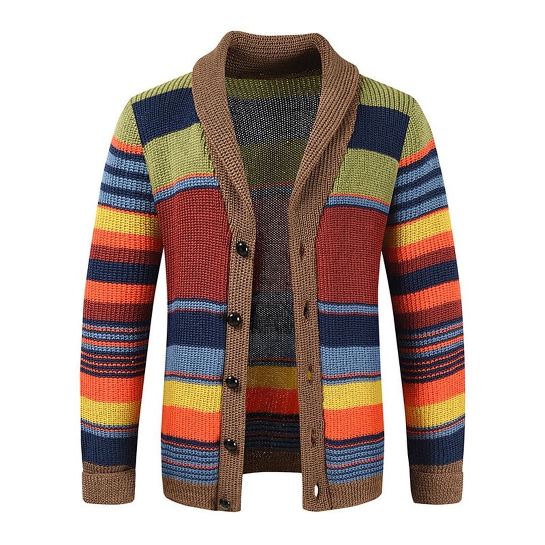Men's Multicolour Vintage Knit Button Cardigan - Striped All-Season Sweater