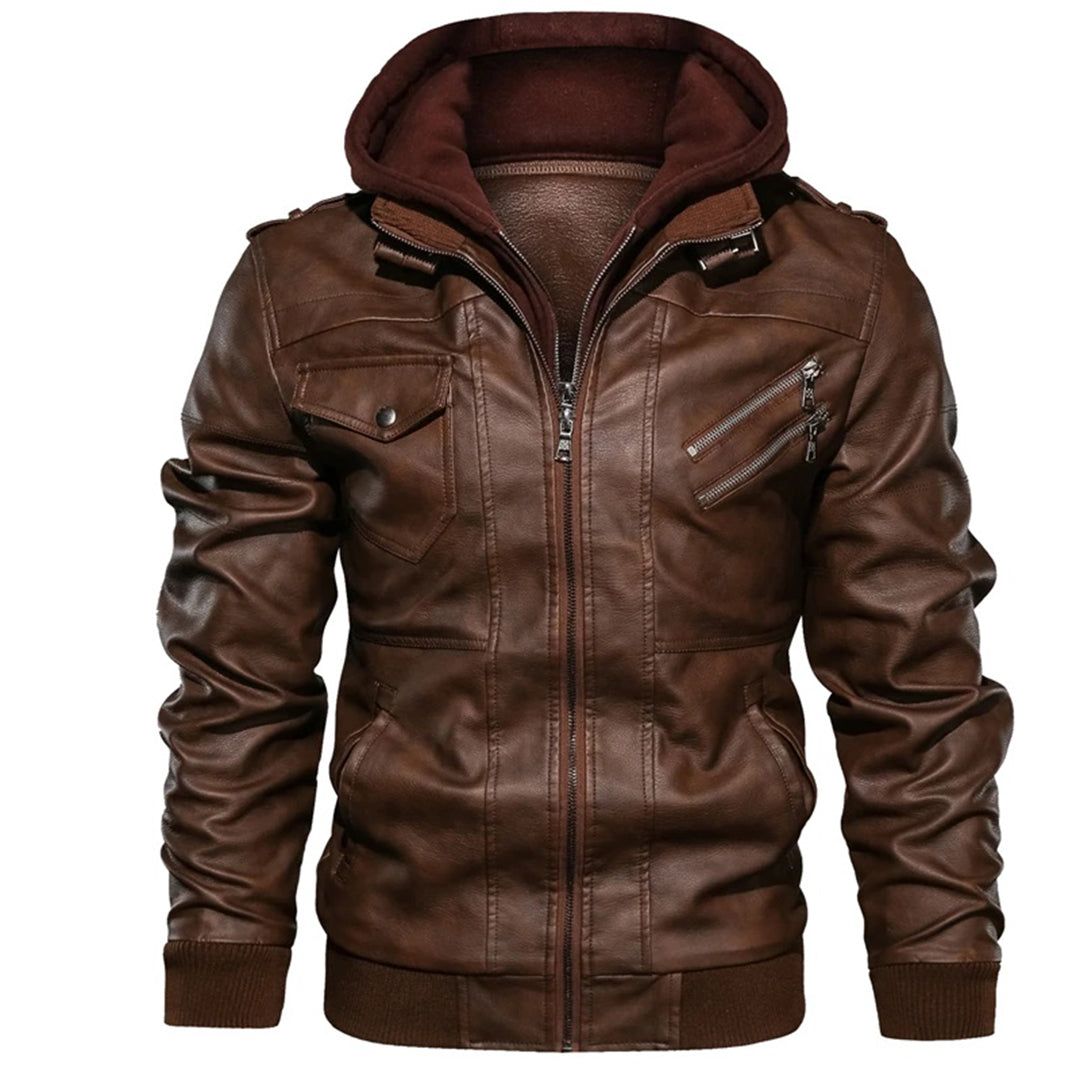 Men's Leather Jacket - Biker Style with Double-Layer Hood