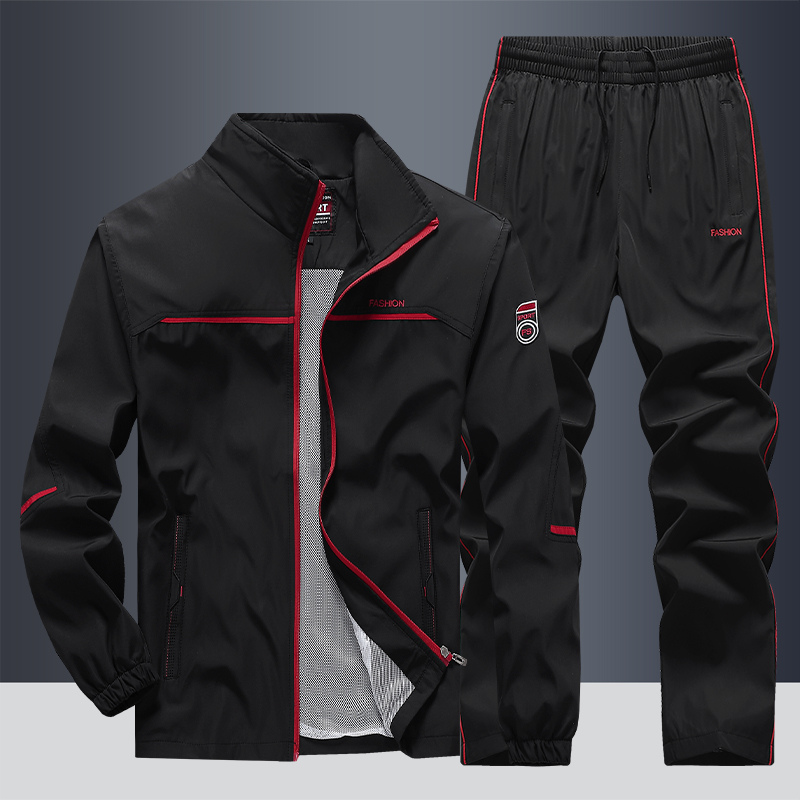 Men's Two-Piece Striped Tracksuit - Stylish Zip and Drawstring