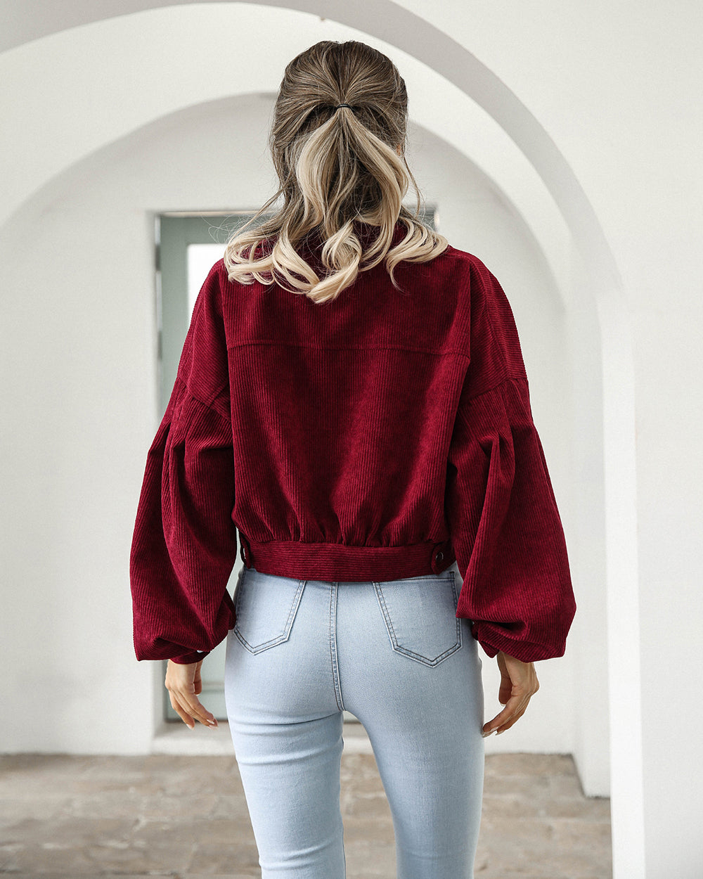 Women's Corduroy Cropped Denim Jacket - Oversized Fit Balloon Sleeves