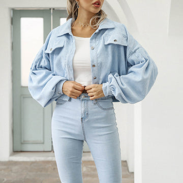 Women's Corduroy Cropped Denim Jacket - Oversized Fit Balloon Sleeves