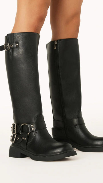 Women's Black Knee-High Boots - Side Zip with Buckle Straps