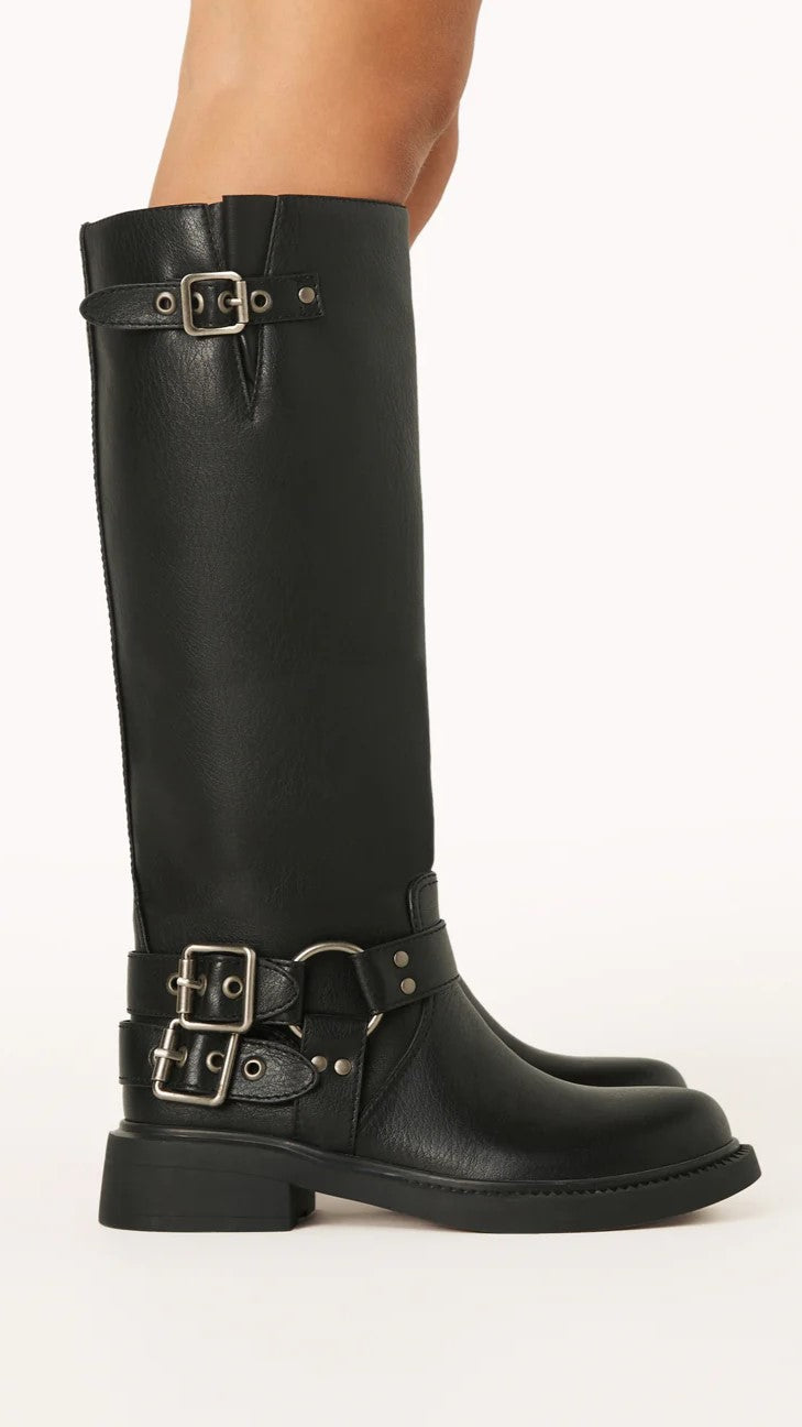 Women's Black Knee-High Boots - Side Zip with Buckle Straps