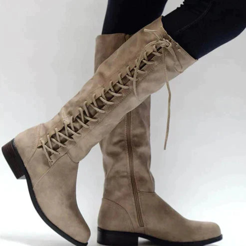 Women's Knee-High Lace-Up Boots - Low Heel Side Zip Design