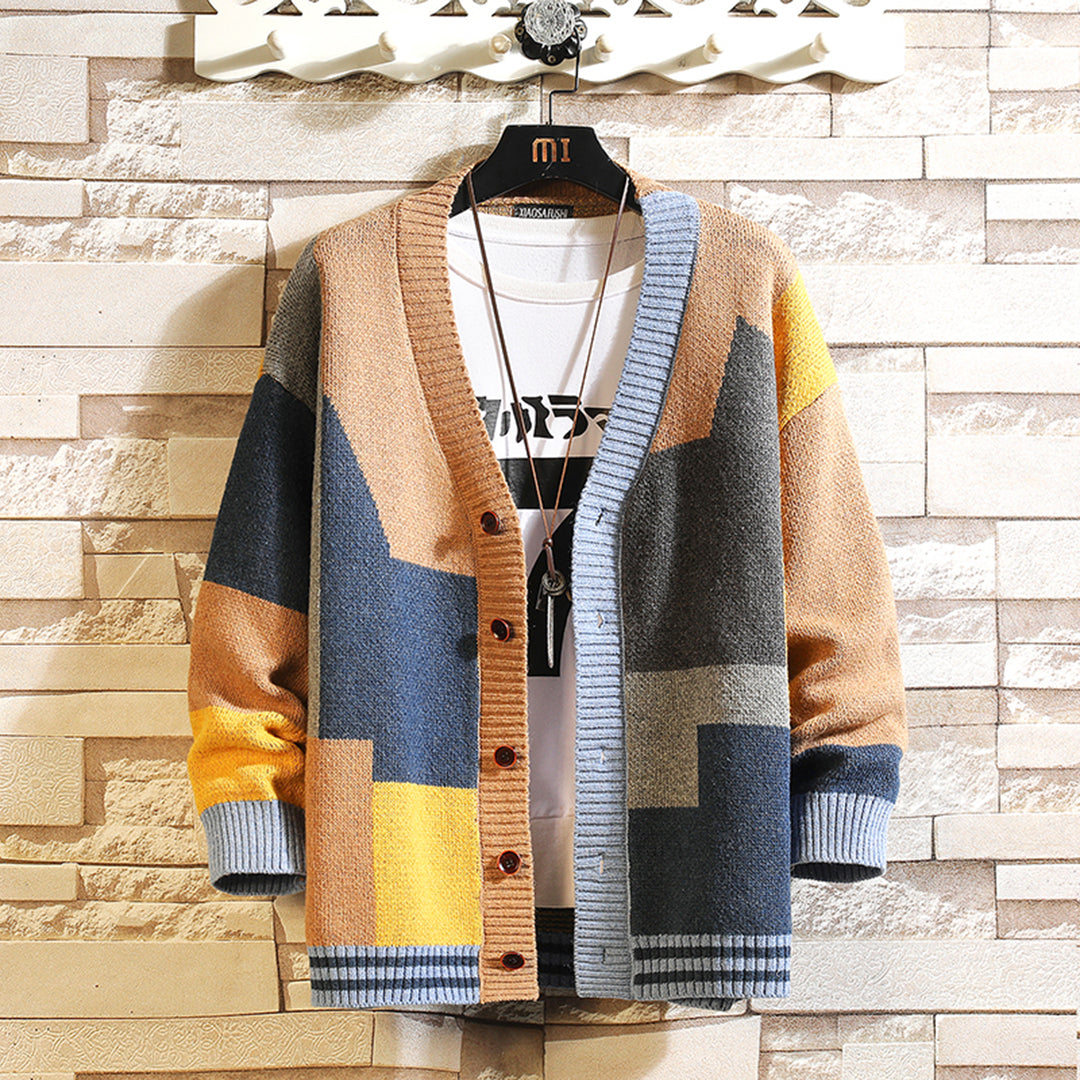 Men's Colour Block V-Neck Knit Cardigan - Casual Sweater