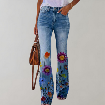 Women's Floral Print Flared Jeans - High-Rise Fit