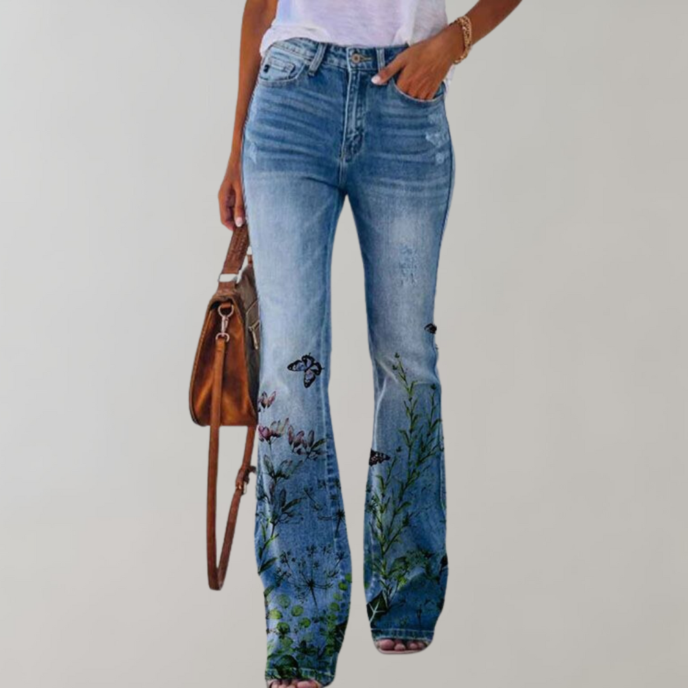 Women's Floral Print Flared Jeans - High-Rise Fit