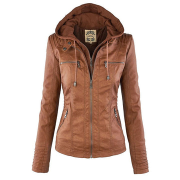 Women's Leather Jacket - Hooded & Slim-Fit