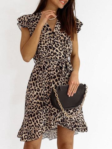 Women's Brown Leopard Print Wrap Mini Dress - Ruffle Detail Casual Party