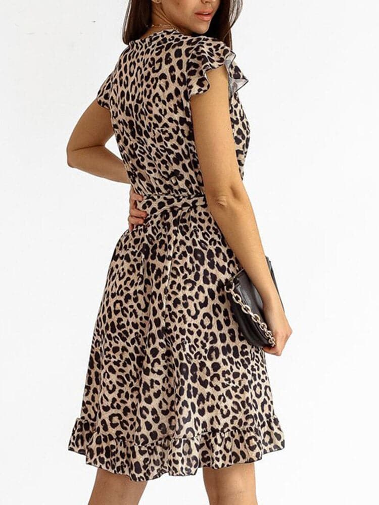 Women's Brown Leopard Print Wrap Mini Dress - Ruffle Detail Casual Party