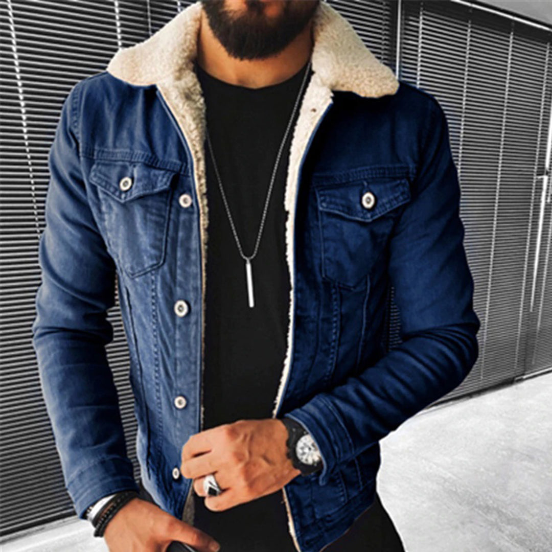 Men's Dark Blue Button-Front Jacket - Contrasting Collar with Chest Pockets