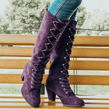 Women's Knee-High Boots - Lace-Up with Block Heel Design