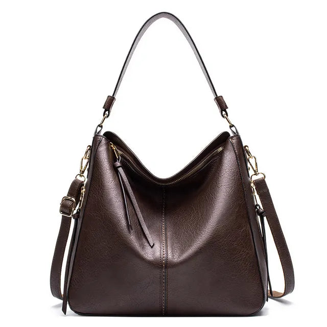 Women's Leather Shoulder Bag - Top Handle & Zip Closure