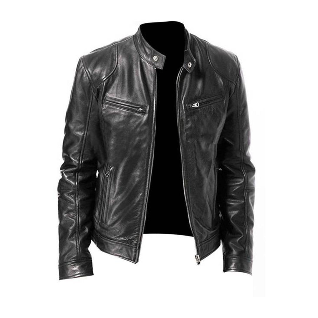 Men's Leather Jacket - Biker Style with Stand-Up Collar