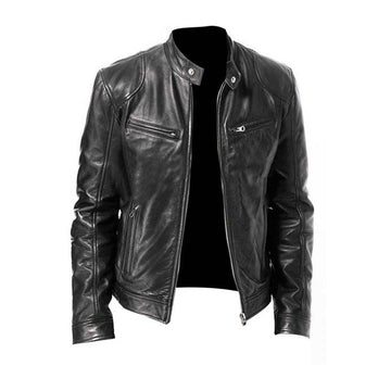 Men's Leather Jacket - Biker Style with Stand-Up Collar