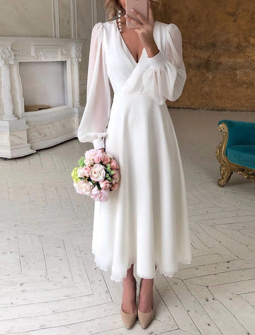 Women's Midi Wedding Dress - V-Neck with Balloon Sleeves