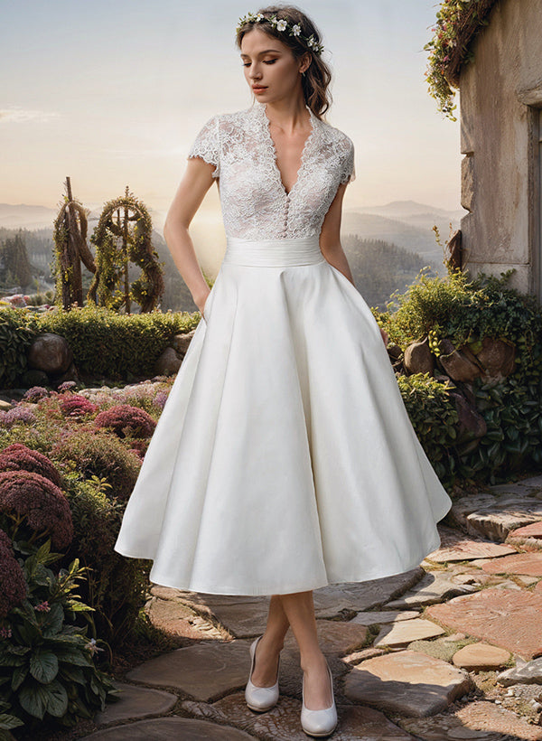 Women's Midi Wedding Dress - Lace Bodice with A-Line Skirt