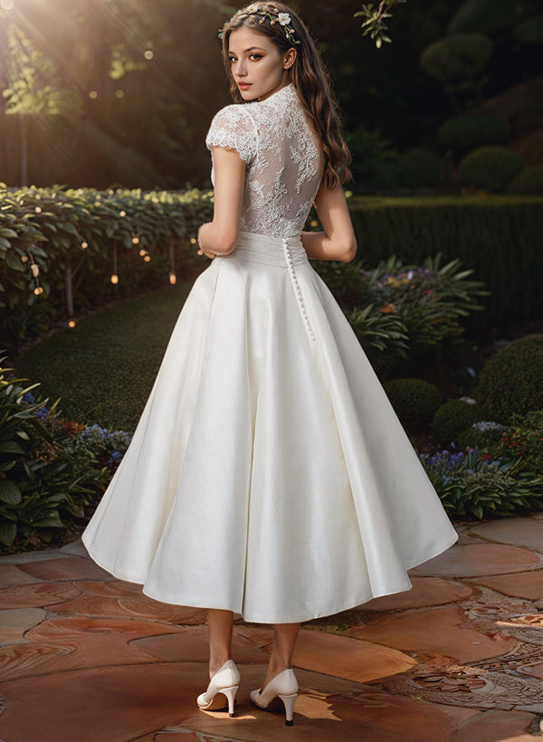 Women's Midi Wedding Dress - Lace Bodice with A-Line Skirt