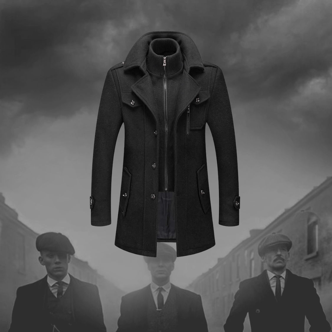 Men’s Black Coat – High Neck and Front Button Closure