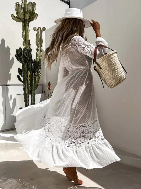 Elegant Sheer Long Lace Beach Cover-Up for Women