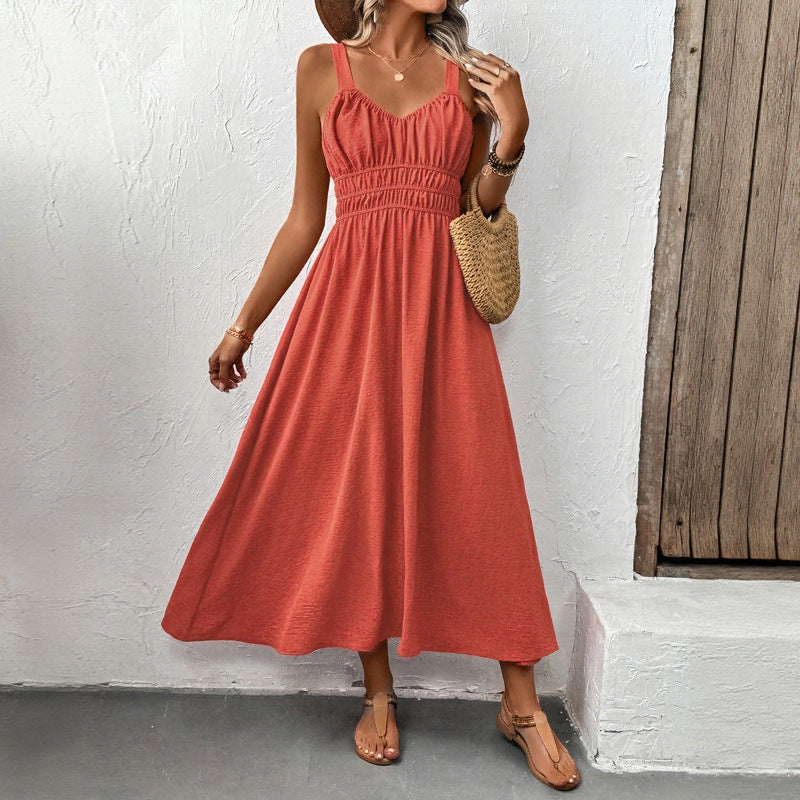 Women's Sleeveless Maxi Dress - Smocked Bodice Elegant Solid Color