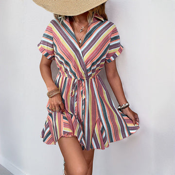 Women's Multi-Colored Striped Short Sleeve Wrap Dress - Adjustable Waist, Flattering Summer