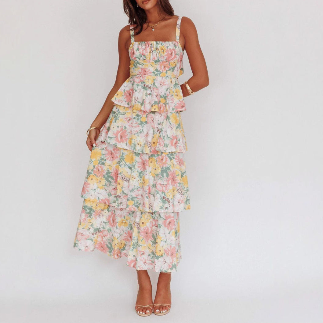 Women's Floral Print Maxi Dress - Slim Fit Ruffled Summer Style