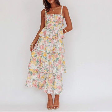 Women's Floral Print Maxi Dress - Slim Fit Ruffled Summer Style