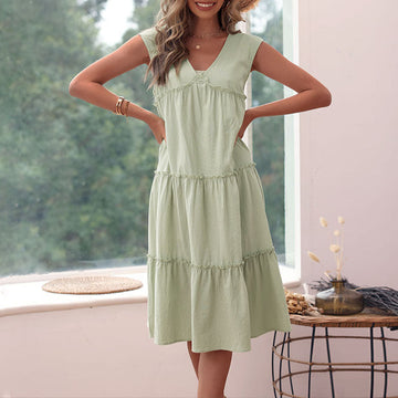 Women's Green Tiered Midi Dress - Ruffle Strap, Flowy Summer