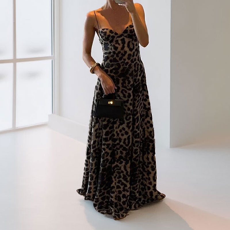 Women's Leopard Print Heart Neckline Evening Maxi Dress - Flowing Elegant