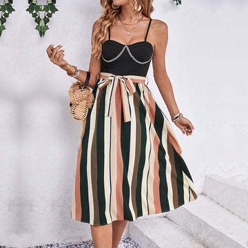 Women's Black Striped A-Line Dress - Chain Detail Bow Waist Casual