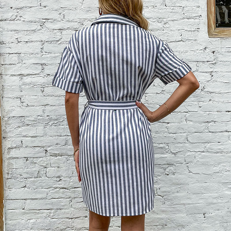 Women's Grey Striped Shirt Dress - Button-Up, Versatile Casual