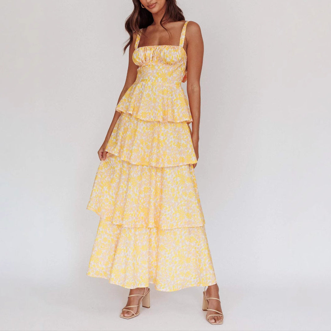 Women's Floral Print Maxi Dress - Slim Fit Ruffled Summer Style